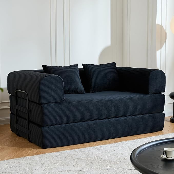 ZEIINPA 59“ Convertible Floor Sofa Bed, 5-in-1 Futon Sofa Bed Pull Out Sleeper Couch, Modern Corduroy Compressed Loveseat, Modular Boneless Couches for Living Room, No Assembly Required, Black
