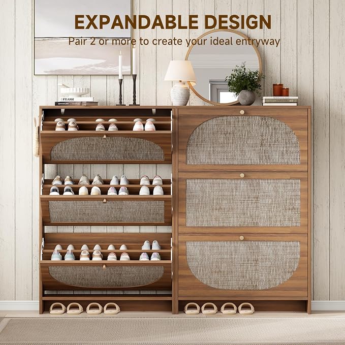 Nicetree Shoe Storage Cabinet for Entryway, Modern Walnut Shoe Cabinet with Tiered Fluted Design, 9.5" Slim Shoe Rack for Small Spaces, Narrow 4 Flip Drawers Hidden Shoe Organizer