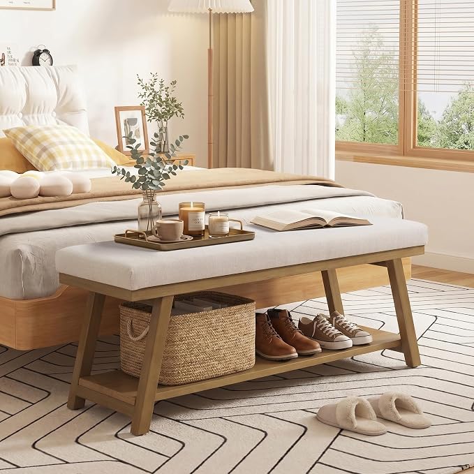 Zihanhome 45" Entryway Bench Upholstered Storage Bench for Bedroom Shoe Rack Bench for Living Room, Hallway, Mudroom, Balcony, Sturdy Indoor Bench Seat Holds Up to 300 lbs (Beige)