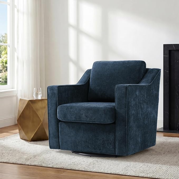 Swivel Accent Chair Set of 1, Modern Round Barrel Arm Chair for Living Room, Bedroom, Comfy Club Reading Chairs for Adults, Chenille Navy Blue
