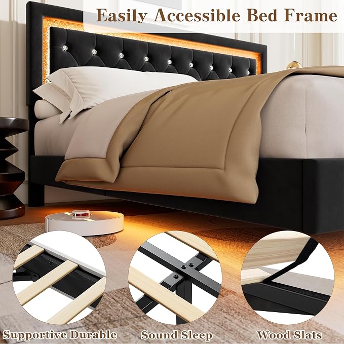 Garvee Floating Bed Frame King Size with Smart Led Lights, Upholstered Platform Bed with Diamond Headboard, Solid Wood Slats Support, No Box Spring Needed, Noise-Free, Easy Assembly, Black