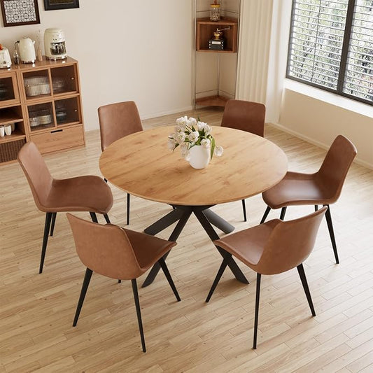 HIPIHOM 43.2"-59.1" Extendable Round Kitchen Table Set for 6 | Round dining table with 6 PU leather chairs, mid century oak, MDF board, space saving, for 4-6 persons