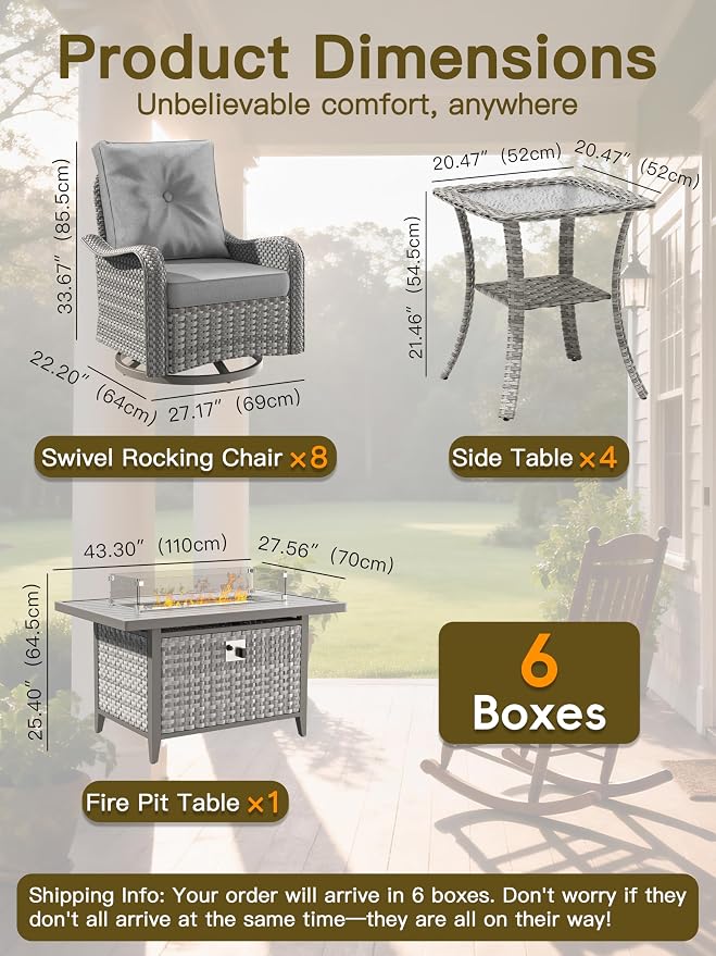13-Piece Outdoor Conversation Set with 43" Fire Pit Table, 8 Swivel Rocking Chairs (4" Cushions) & 4 Side Tables, All-Weather PE Rattan & Steel Frame for Porch, Deck, Backyard, Grey