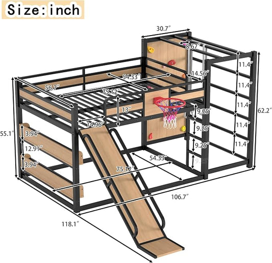 Harper & Bright Designs Full Size Metal Bunk Bed with Slide & Built-in Bookshelve & Basketball Hoop & Climbing Wall for Bedroom, Yellow+Black