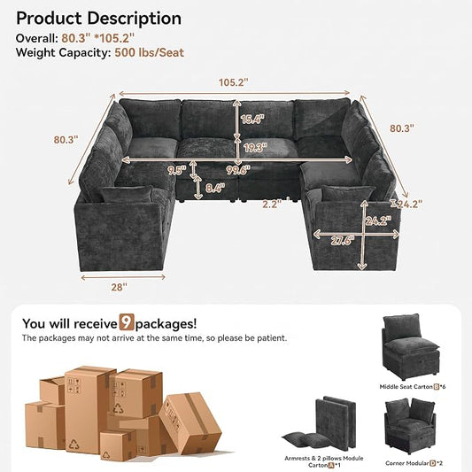 105" Dark Grey Oversized Modular Storage Sofa, U Shaped Chenille Couch | Oversized Convertible Sectional Sofa, 8-Seat Sectional Couch With Armrests, Large Cloud Couch For Living Room, Apartment.