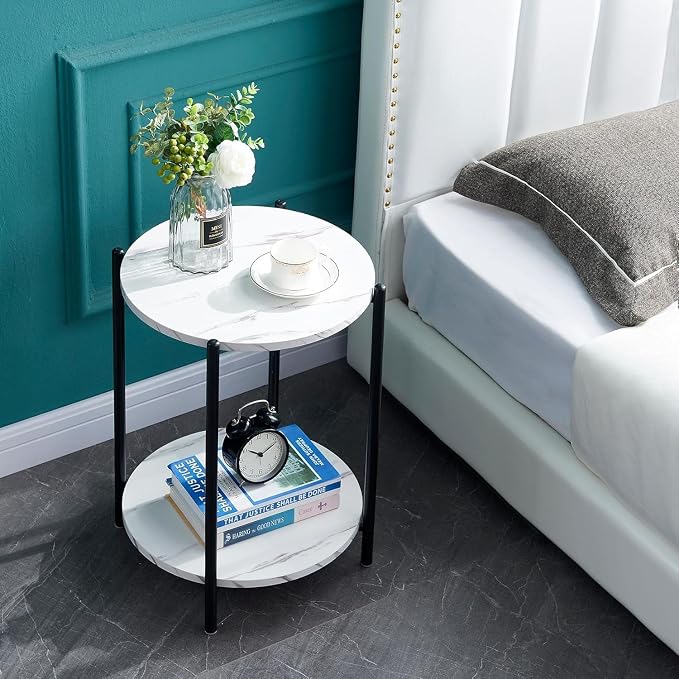 Faux Marble End Table, White Black Side Table, Marble Nightstand | Modern Accent Table, Round Design, Black Metal Frame, Living Room Bedroom Decor, 1 Piece