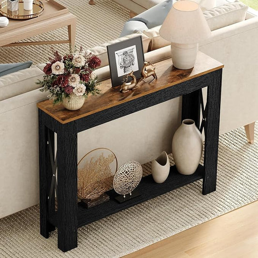YATINEY Farmhouse Console Table, 39.4'' Small Narrow Entryway Table, Wood Couch Table Behind Sofa with Storage Shelf, Slim Farmhouse Hallway Table for Hallway, Foyer, Black and Rustic Brown CT34BR