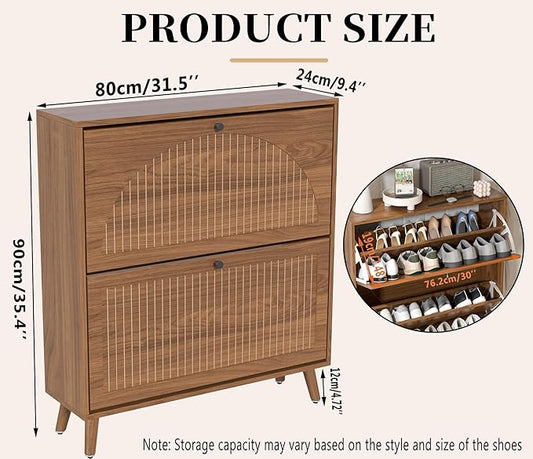 Fsbecl Shoe Storage Cabinet for Entryway with 2 Flip Drawers, Narrow Wood Shoe Cabinet with Fluted Panel, Freestanding Hidden Shoe Organizer for Foyer, Hallway (Walnut)