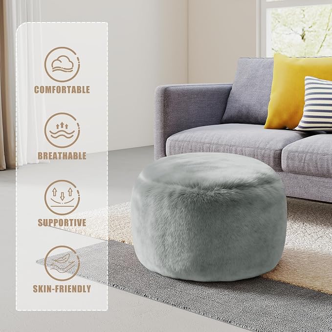 Round Stuffed Pouf Ottoman Foot Rest, Faux Fur Poufs with Memory Foam Filling, Ottomans for Living Room, Nursery, Dorm, Soft Foot Stool Ottoman for Couch, Perfect for Resting Your Feet (Grey, 20 Inch)