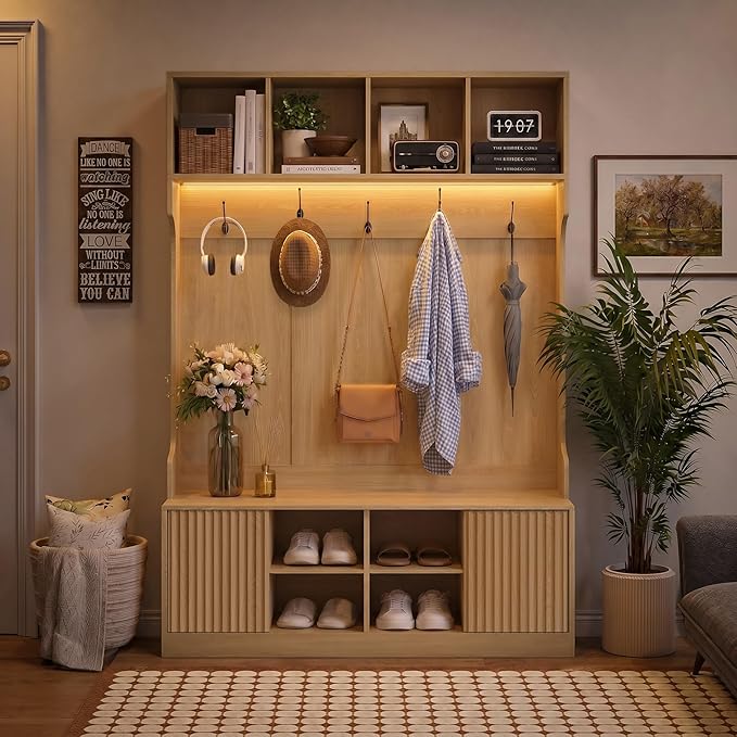 Hall Tree with Bench and Shoe Storage, 5-in-1 Entryway Coat Rack with LED Sensor Light, Hooks and Storage Cubes, Shoe Cabinet with Fluted Door, Modern Hall Tree for Entryway, Living Room