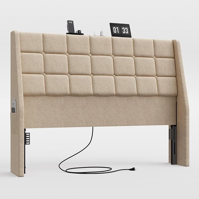 Ergonomic Upholstered Headboard Queen Size w/Charging Station, Linen Wingback Headboards w/Storage Pocket, Queen Headboard Only, Bed Frame Adapters, Sturdy Stable Solid Wood Bed Head Board, Beige