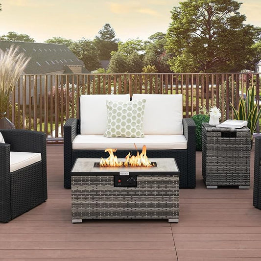 Tangkula 2 Piece Outdoor Propane Fire Pit Table Set with Hideaway Propane Tank Holder, 40,000 BTU Rattan Wicker Fire Pit Table with Lava Rocks, Waterproof Cover, Ideal for Backyard, Patio (Mix Grey)