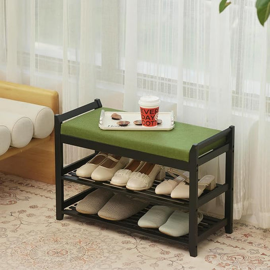PETKABOO Shoe Rack Bench with Storage 27.6 in, Black Shoe Storage Bench with Cushion for Entryway, Hallway, Bedroom, Living Room