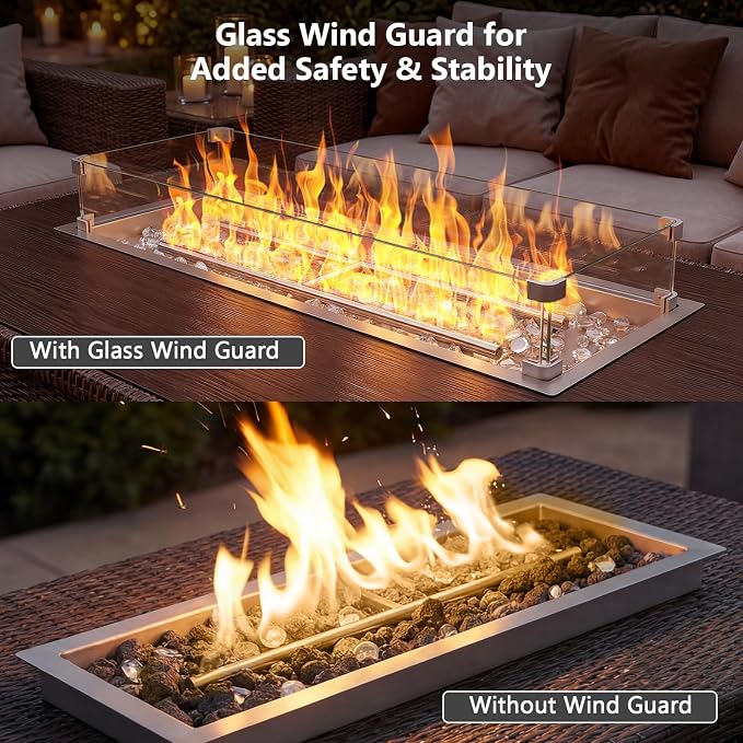 GRISUN Upgraded 30" x 10" Drop-in Fire Pit Kit with Glass Wind Guard & Lid, Linear Fire Pit Burner Pan, Stainless Steel Fire Pit Insert with Spark Ignition