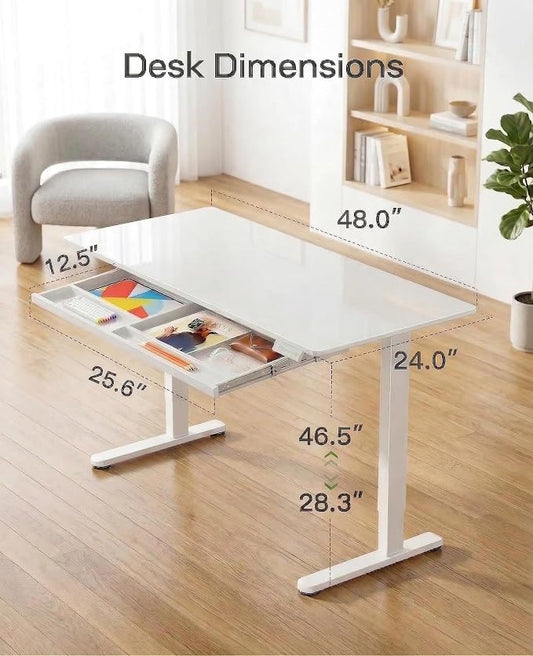 Marsail Glass Electric Standing Desk with Drawer, 48 x 24 Inches Height-Adjustable Desk, One-Piece Tempered Glass Top, Ergonomic Home Office Sit Stand Desk with 4 Preset Heights, White