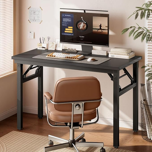 DlandHome Folding Desk for Small Spaces, 35.8'' Computer Desk Folding Table, Foldable Office Desk Computer Table Writing Workstation for Home Office, Study, Bedroom, No Assembly Required, Black&Black