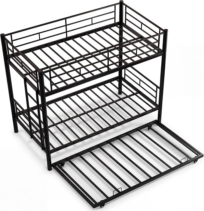 Metal Bunk Bed with Trundle, Space-Saving Bunk Bed Twin Over Twin with Ladders and Safety Guardrail, Heavy Duty Twin Bed Frames, No Box Spring Needed and Noise Free(Black)