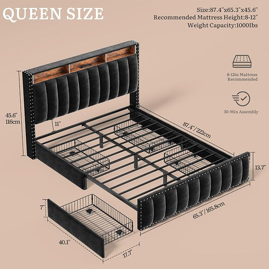 YITAHOME Queen Size Bed Frame with 4 Storage Drawers and RGB LED Lights, Velvet Upholstered Platform Bed with Charging Station and Storage Headboard, No Box Spring Needed, Easy Assembly, Black