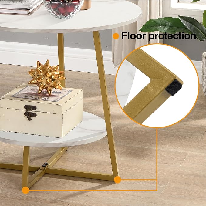 D&H FURNIMMT 20" Living Room Side Table Set of 2 for Small Spaces, 2 Tier Wood Top Round End Tables with Storage Shelf, Accent Sofa Table for Bedroom, Office, Sunroom, Balcony, White Faux Marble/Gold