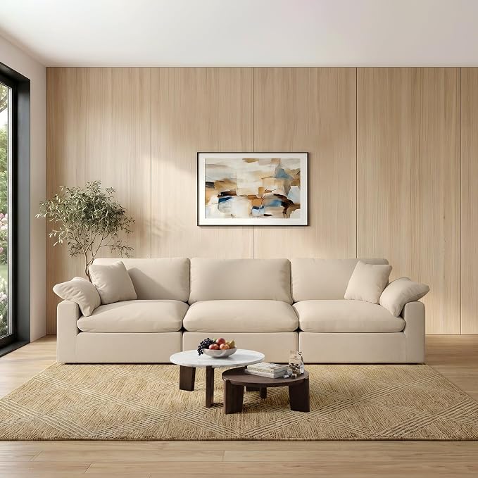 Modular Cloud Sofa,Convertible 3-Seater Set,Extra Deep Seat Down Filled Seat,Washable & Replaceable Cushion Covers for Living Room,Apartment,Khaki