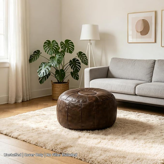 Thgonwid Unstuffed Moroccan Storage Pouf Foot Stool Ottoman Seat Handmade Faux Leather Bean Bag Floor Chair Foot Rest for Living Room, Bedroom or Balcony (Deep Coffee)