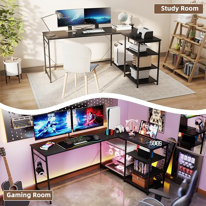 YOSHOOT 63" L Shaped Computer Desk, Gaming Desk | Office Desk with Open Shelves, Corner Desk L Shape for Home Office Work Study, Black