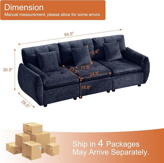 84" Modular Cloud Sofa, Deep Seat Tufted Chenille 3-Seater Sectional Couch with Curved Arms, Comfy Sofas for Living Room, Blue