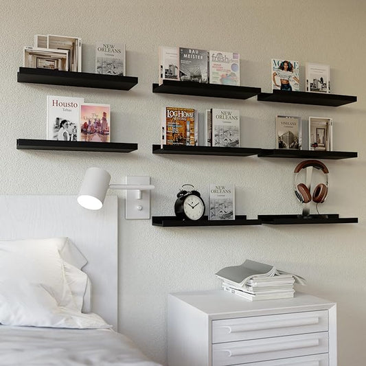 RICHER HOUSE 8 Set Black Floating Wall Mounted Shelves, Nursery Hanging Book Shelves with Lip for Storage, Black Display Picture Ledge Shelf for Bedroom Bathroom Kitchen Living Room Wall Decor
