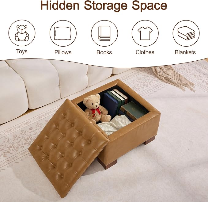 WUTUTUEE 24" Faux Leather Square Storage Ottoman with Wooden Tray, Modern Tufted Button Footstool Coffee Table, Upholstered Small Ottoman for Living Room, Bedroom, Brown
