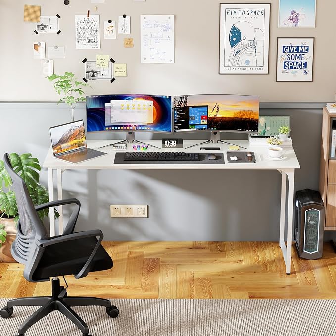 PayLessHere | 63 Inch Computer Desk | White | Office Desk with Metal Frame, Adjustable Feet | Water-Resistant, Scratchproof Surface | Sturdy Writing Table for Home Office or Study | Pack of 1