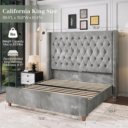 Jocisland Cal King Bed Frame 61.4" Tall Headboard Velvet upholstered,Gray | Wingback Headboard,Full Back Support for Tall People,Handcrafted Pleats&Deep Button,Noise-Free,Solid Wood Legs,Easy Assembly