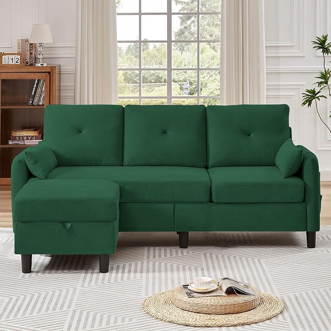 Convertible L-Shaped Sectional Sofa, 3-Seat Sofa Couches with Storage Ottoman & 2 Pillows and Side Storage Pockage, Small Modern Couch for Living Room, Apartment and Office, Green