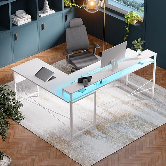 Pamray 64 Inch L Shaped Gaming Desk with Power Outlets and Led Lights, Large Corner Computer Desk with Monitor Stand and Pegboard, PC Table for Home Office and Bedroom White