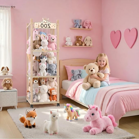 Stuffed Animal Storage Zoo Tower,56In Wooden Large Stuffed Animal Holder Organizer with Wheels,Stuffy Plushies Storage with Elastic Band&Mesh Bottom,Toy Storage Organizers for Playroom Bedroom Nursery