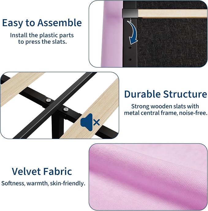 GarveeHome Full Bed Frame with Storage Headboard, Kids Bed Frame with 2 Drawers, Velvet Upholstered Platform Bed Frame with Lights, No Box Spring Needed, Easy Assembly, Velvet Purple