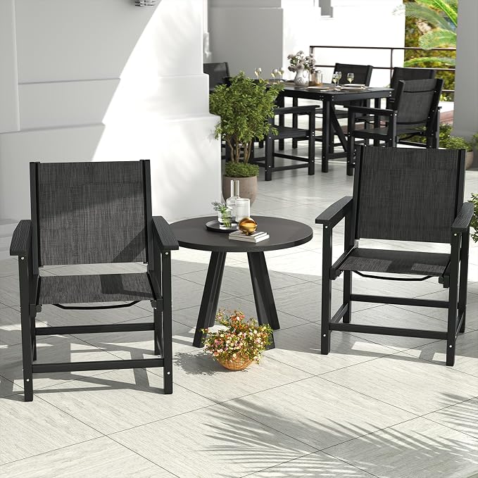 Amopatio Outdoor Chair HDPE Patio Dining Chair Set of 2 All Weather Patio Chairs with Textilene & Wide Seat for Backyard Balcony & Deck(Black)