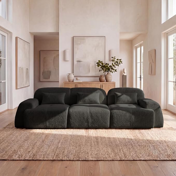 118'' Modular Sectional Cloud Couch Boneless Couches, Oversize Curved Sectional Couches for Living Room, Deep Seat Couch Lambswool Sofa with Ottoman & Throw Pillows, No Assembly, HR Foam