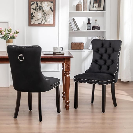 Mid Century Modern Dining Chair Set of 2 Velvet Upholstered Dining Accent Chair Farmhouse Dining Chairs with High Back and Nailhead Trim for Kitchen, Living Room, Bedroom (Black)