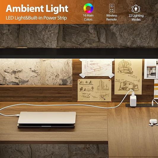 Agilestic L-Shaped Electric Standing Desk, 63x55 Inch Ergonomic Adjustable Height Desk with Storage, Stand Up Corner Desk Sit Stand Computer Table Power Outlet & LED Lights, Office Table, Dark Walnut