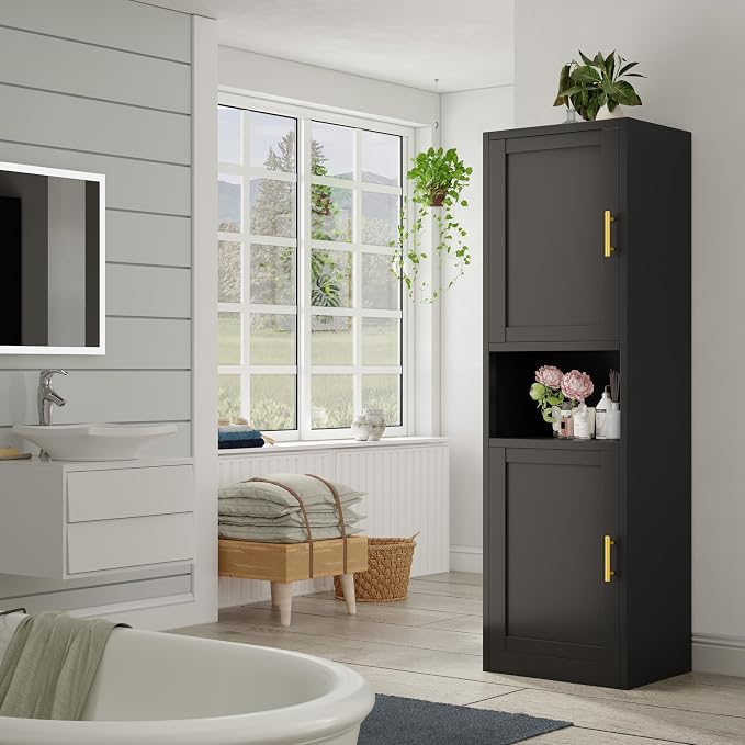 67" H Metal Tall Narrow Storage Cabinet, Freestanding Floor Cabinet with 2 Doors and Adjustable Shelves, Pantry Storage Cabinet for Bathroom, Living Room, Entryway and Kitchen (Black)