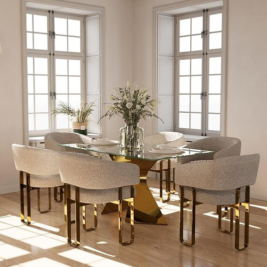 Boucle Dining Chairs, Off White Barrel Arm Chairs with U-Shaped Mirrored Gold Legs, Modern Side Chairs for Dining Table, Kitchen and Dining Room Restaurant Recepition,Set of 12