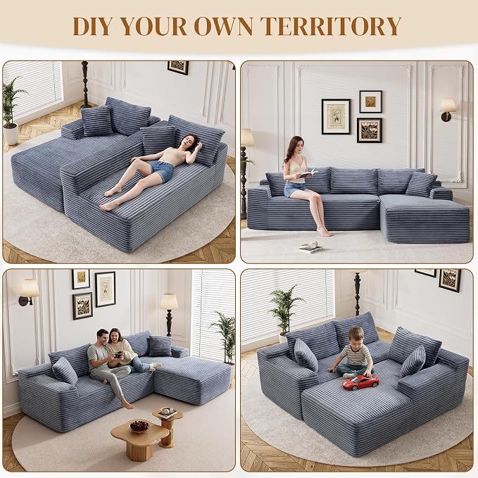 95" L Shaped Boneless Sectional Couches, Wide Armrest, Deep Seat, Memory Foam, Assembly Free, Modern Comfy Corduroy Fluffy Cloud Sofa with Right Chaise for Living Room, Small Spaces, Grey