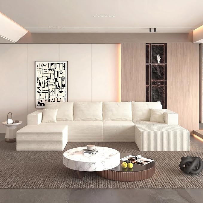 118" U-Shaped Modular Sectional Sofa, Soft Corduroy Cloud Couch with Chaise & Ottoman, Comfy Boneless Couches for Living Room,No-Assembly,Beige (Right Facing Chaise)