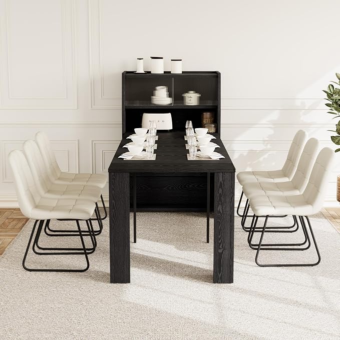 HIPIHOM Dining Table Set for 6, Extendable 86.6" with Storage | Space-saving MDF Kitchen Table with 6 Upholstered U-shaped White Chairs, Ideal for Apartment, Living Room