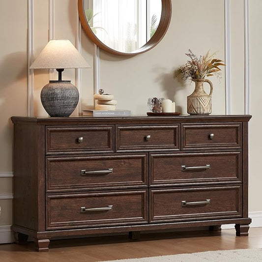 SAVOR LIFE Farmhouse Dresser and Nightstand Sets 2 Piece, 7 Drawer Dresser & 2 Drawer Nightstand Set, Rustic Wood Bedroom Furniture Set for Home, Bedroom, Hallway, Walnut