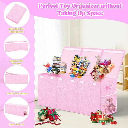 Beadsky Extra Large Toy Box Toddlers Chest with Lids, Collapsible Sturdy Toy Storage Organizer, Kids Bin Boxes Storage Basket for Boys, Girls, Nursery, Living Room, Playroom, 40"x14"x16" (Pink)
