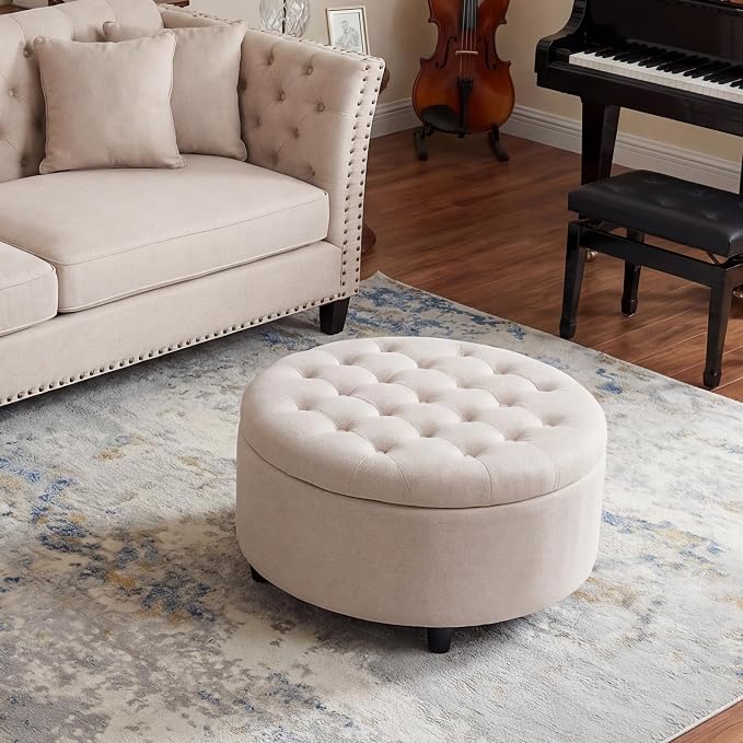 COLAMY Round Hidden Storage Ottoman with Reversible Tray Lid – Multi-Functional Footrest, Sturdy & Stylish Fabric Coffee Table for Living Room, Bedroom, or Entryway, Beige