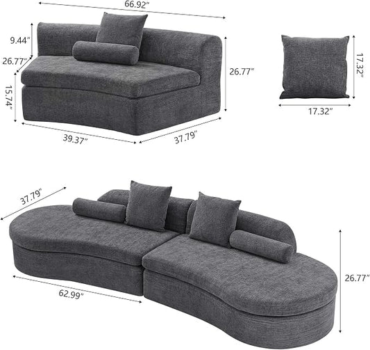 AVZEAR Curved Modular Sectional Sofa, Chenille Upholstered Cloud 6 Seater Couch for Living Room, No Assembly Modern Love Seat Sofa with 3 Bolster Pillows & 3 Square Pillows, High-Density Foam, Gray