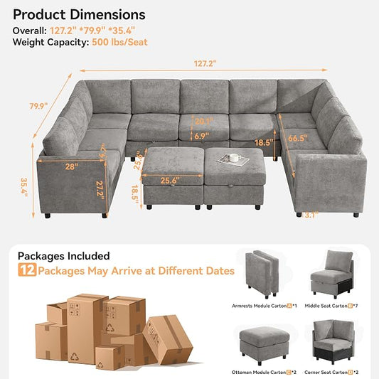 127'' Oversized U Shaped Modular Sofa, Sectional Couches with Storage for Living Room, Modern 9 Seater Cloud Sectional Couch with Movable Ottoman, Chenille Grey