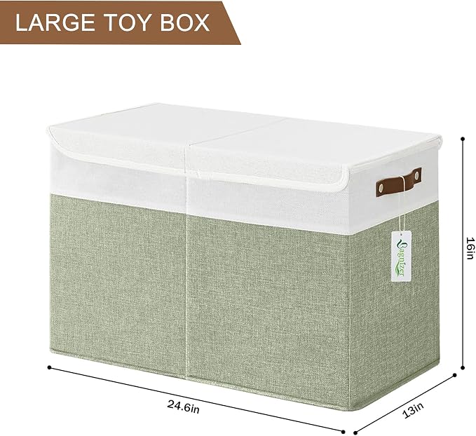 Bagnizer Large Toy Storage Box with Lids, Collapsible Sturdy Baby Storage Organizer Chest Bin Basket for Kids, Boys, Girls, Playroom, Nursery, Bedroom, Closet 25"x13"x16" (Green and White)